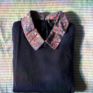 100% Merino Wool, J.Crew Navy Sweater Floral Collar, Lightweight Knit (Small)